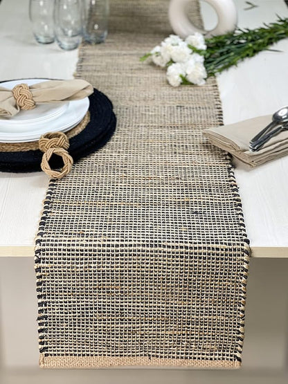 Chardin home Natural Jute Table Runner 13x72 Inch – Vintage Boho Rustic Table Decor – Handwoven Table Runner in Natural Jute and Black – Farmhouse Dining or Console Table Accent