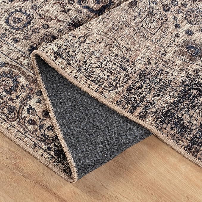 Bloom Rugs Washable Non-Slip 9' x 12' Rug - Light Tan/Blue Traditional Oriental Area Rug for Living Room, Bedroom, Dining Room, and Kitchen - Exact Size: 9' x 12'
