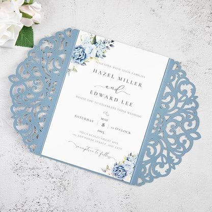 20Pcs Dusty Blue Laser Cut Invitation Cards With Blank Inner Sheets for Wedding Cards Bridal Shower Engagement Quinceanera Invitation (No Envelopes)