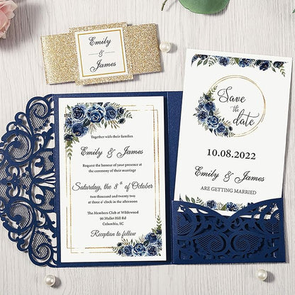 DORIS HOME 50PCS Laser Cut Wedding Invitations with Envelopes and RSVP Cards BLANK Inner With Gold Glitter Belly Band for Wedding Engagement Bridal Shower Party Invite 4.7x7 Inch Navy Blue