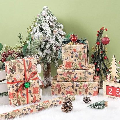 RUSPEPA Kraft Christmas Wrapping Paper Roll, Mini Roll, Watercolor Bird and Botanical Design with Flowers & Pinecones, Kraft Gift Wrap for Women, Friends, Holiday, Winter Party, 17 Inches x 16.4 Feet