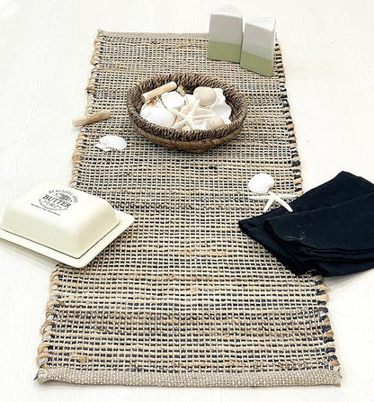 Chardin home Natural Jute Table Runner 13x36 Inch – Vintage Boho Rustic Table Decor – Handwoven Table Runner in Natural Jute and Black – Farmhouse Dining or Console Table Accent