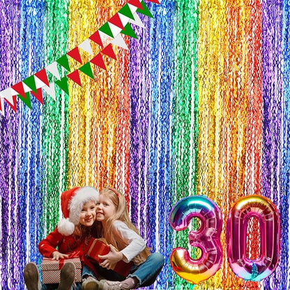 3 Pack Rainbow Foil Curtains - 3.3x6.6ft Metallic Streamers Tinsel Curtains Background for Photo Booth Birthday Weddings Carnivals Graduation