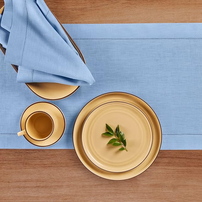 Solino Home Linen Cornflower Blue Table Runner 144 Inches Long - 100% Pure Linen Hemstitch 14 x 144 Inch Table Runner for Dining - Classic Hemstitch
