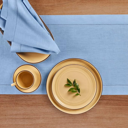 Solino Home Linen Cornflower Blue Table Runner 144 Inches Long - 100% Pure Linen Hemstitch 14 x 144 Inch Table Runner for Dining - Classic Hemstitch