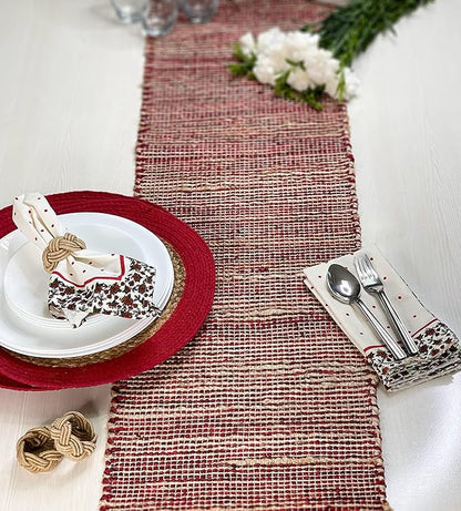 Chardin home Natural Jute Table Runner 13x108 Inch – Vintage Boho Rustic Table Decor – Handwoven Long Table Runner in Natural Jute and Red – Farmhouse Dining or Console Table Accent