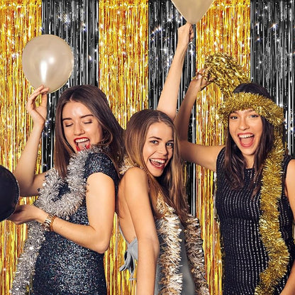 2Pack Black Gold Metallic Tinsel Foil Fringe Curtains, Door Streamers Photo Booth Backdrop for Birthday Party, Tinsel Curtain Backdrop for Wedding Baby Shower Bachelorette Christmas Party Decorations