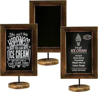 MyGift Set of 3 Tabletop Chalkboard Sign with Burnt Wood Frame and Round Base, Decorative Wedding Table Place Card Signage, Rustic Small Kitchen Countertop Memo Board