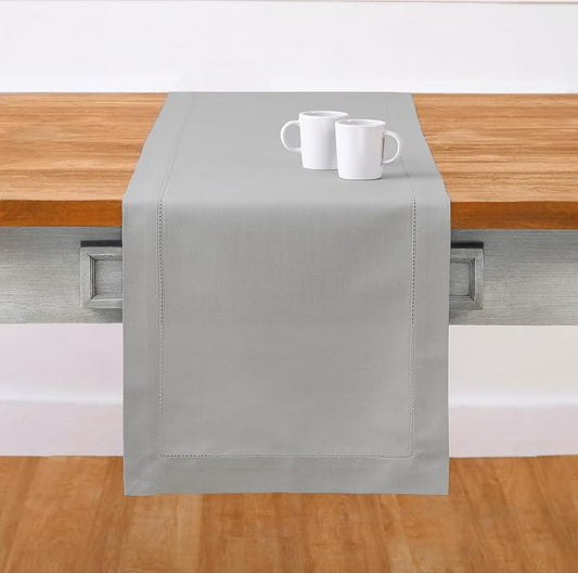 Solino Home Cotton Linen Light Grey Table Runner 120 Inches Long - Hemstitch 14 x 120 Inch Table Runner for Fall, Autumn, Thanksgiving, Christmas, Holiday