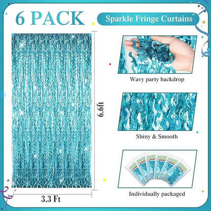 Jutom 6 Pieces 3.3 x 6.6 ft Wavy Tinsel Foil Fringe Curtains Foil Fringe Streamer Backdrop Party Curtain for Sea Mermaid Baby Shower Birthday Party Decoration(Blue Green)