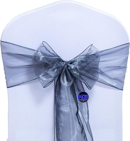 MDS Pack of 25 PCS Organza Chair Sashes Wider Dining Chair Bows Ribbon Tie Back for Wedding Party Birthday Bridal Shower Reception Event Banquet Home Chair Cover Decoration - Silver Gray