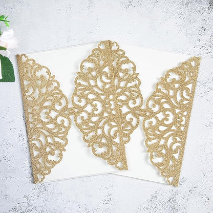20Pcs Gold Glitter Laser Cut Invitation Cards With Blank Inner Sheets for Wedding Cards Bridal Shower Engagement Quinceanera Invitation (No Envelopes)