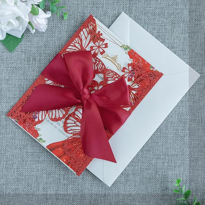 20 PCS 5.12x7.2 Butterfly Quinceanera Invitation, Laser Cut Wedding Invitation Cards with Envelopes for XV Anos Bridal Shower Baby Shower Invite (Red Glitter)