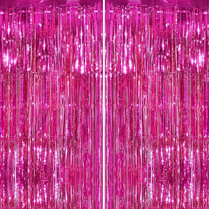 2Pack Hot Pink Metallic Tinsel Foil Fringe Curtains Backdrop for Pink Party Birthday Wedding Bachelorette Baby Shower Holiday Party Decorations Photo Booth Props, Bachelorette Christmas Party Decors