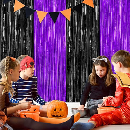 2 Pack Halloween Decor, 3.28 FT x 7.05 FT Purple and Black Foil Streamer, Metallic Fringe Curtains Tinsel Backdrop Party Streamer, Indoor Halloween Decorations Party Supplies Photo Booth Props