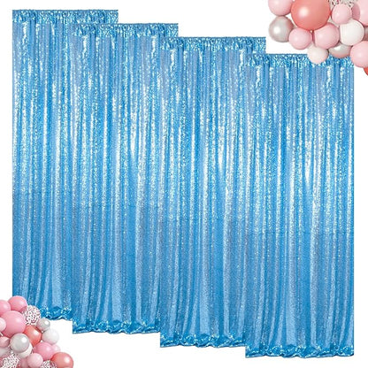 ShinyBeauty Sequin Curtains 4 Panels Baby Blue | Sparkle Photo Backdrop for Parties & Events | 2Ft x 8Ft Shimmer Fabric Background | Elegant & Durable | Perfect for Weddings & Baby Showers