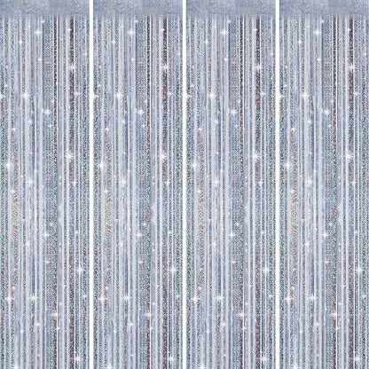 Picoway 4 Pack Foil Fringe Tinsel Backdrop Curtains, Birthday Engagement Bachelorette Party Decorations, Photo Booth Props Door Streamers Curtain (Silver)