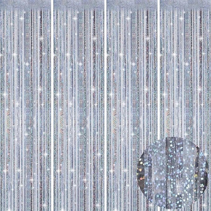 Picoway 4 Pack Foil Fringe Tinsel Backdrop Curtains, Birthday Engagement Bachelorette Party Decorations, Photo Booth Props Door Streamers Curtain (Silver)
