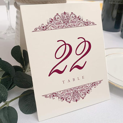 Paisley Wedding Table Numbers (Select Color/Quantity), Champagne, Burgundy, 1-55, Double Sided, Tent or Use in a Stand, Great for Parties & Restaurants - Made in the USA