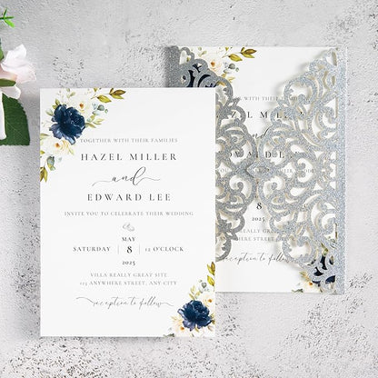 20Pcs Silver Glitter Laser Cut Invitation Cards With Blank Inner Sheets for Wedding Cards Bridal Shower Engagement Quinceanera Invitation (No Envelopes)