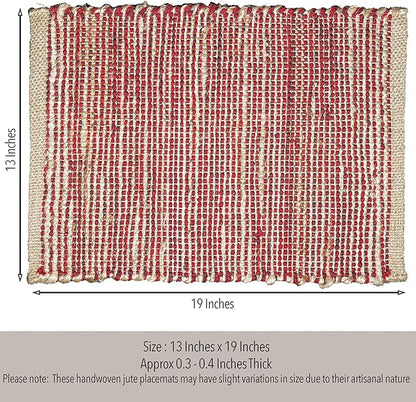 Chardin Home Natural Jute & Red Placemats, Set of 4 – Rustic Handmade Boho Table Mats, 13x19 Inch Dining Table Placemats for Kitchen, Everyday Meals, Holidays, Farmhouse or Modern Table Décor