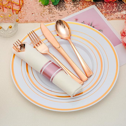 100 Pack Pre Rolled Rose Gold Plastic Silverware Set with Napkins,Disposable Wrapped Heavy Duty Cutlery Set for Wedding Birthday Party-100 Forks,Knives,Spoons,Utensils Set,Plasticware Bulk