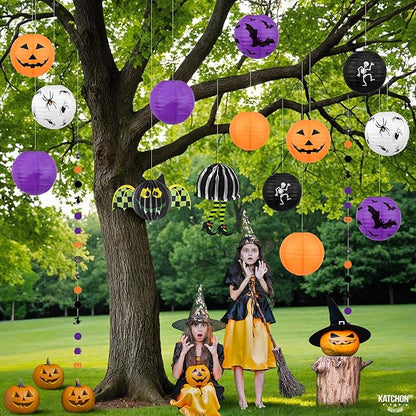 KatchOn, Halloween Hanging Paper Lanterns Set - Pack of 15 | Halloween Paper Lanterns, Halloween Honeycomb Decorations for Halloween Decorations | Halloween Garland for Halloween Party Decorations