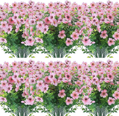 12 Bundles Artificial Flowers Outdoor UV Resistant Fake Plastic Plants Indoor Outside Hanging Plants Garden Porch Window Box Home Wedding Farmhouse Festive Shrub Decor (Pink)