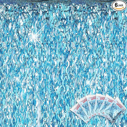 Jutom 6 Pieces 3.3 x 6.6 ft Wavy Tinsel Foil Fringe Curtains Foil Fringe Streamer Backdrop Party Curtain for Sea Mermaid Baby Shower Birthday Party Decoration(Light Blue)