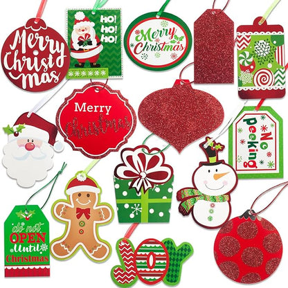 Christmas Gift Tags 60 Count with Untied String (15 Assorted Glitter, Foil, Printed Designs for DIY Xmas Present Wrap and Label Package Name Card)