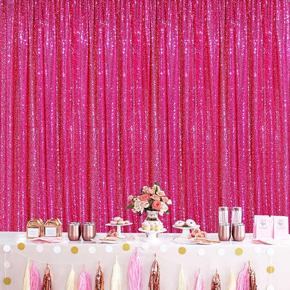 Hot Pink Sequin Backdrop Curtain for Party Fuchsia Background Drapes Panels 6FT x 8FT Glitter Fabric (3 Pieces 2FT x 8FT)