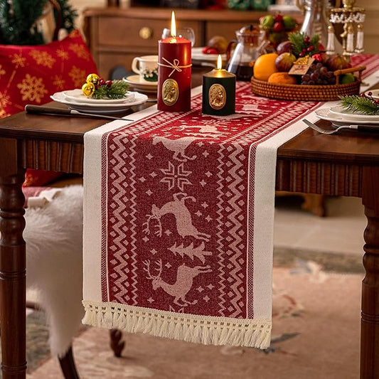 Table Runners 83 Inches,Elk Table Runner with Tassel Fringe,Christmas Table Runner for Party，Coffee Table, Festival