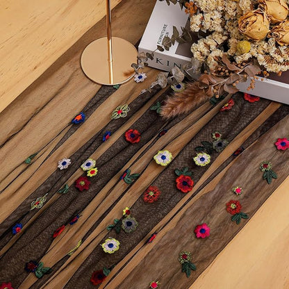 BINBE 12pcs Daisy Fall Table Runner Embroidery Gauze 10FT Florals Seasonal Tulle Holiday Birthday Kitchen Dining Table Decor for Home Party Black
