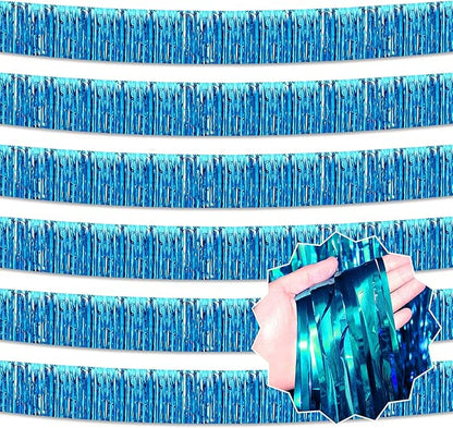 6 Pack 10 Ft Lake Blue Foil Fringe Garland Metallic Streamers Tinsel Banner Wall Hanging Garland Backdrop for Parade Floats, Halloween, Christmas, Thanksgiving, New Year Party Decorations