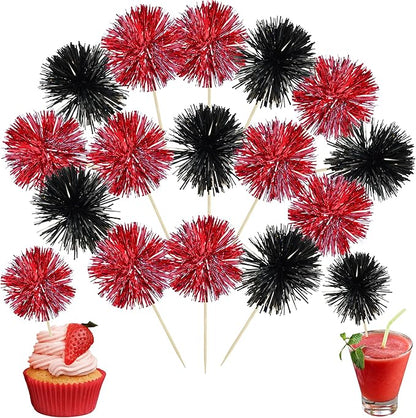 Ephlyn 30Pcs Foil Firework Cupcake Toppers Party Birthday Cake Toppers Supplies Sparkle Tinsel Cocktail Fruit Toothpick for Birthday Wedding Graduation Party Supplies Black Red