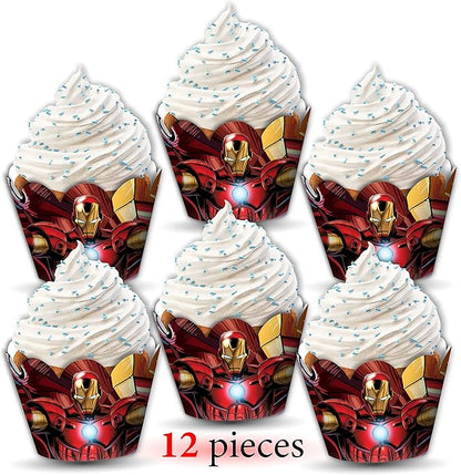 "Irn Man Cupcake Wrapper – Theme Birthday Party Supplies – Cartoon Inspired Cupcake Decoration Wraps for Birthday, Baby Shower, School Events, and Themed Parties"