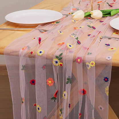 BINBE 1pcs Pink Daisy Fall Table Runner Embroidery Gauze 10FT Florals Seasonal Tulle Holiday Birthday Kitchen Dining Table Decor for Home Party