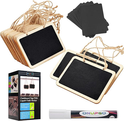 ONUPGO 16 Pack Chalkboard Tags for Baskets with String, Mini Erasable Chalkboards with Hanging String, Wooden Mini Chalkboard Signs, Hanging Chalkboard Labels, Price Tags, Message Tags