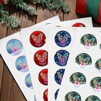 Personalized Christmas Stickers - Custom Name Waterproof Christmas Gift Tags for Gift Box Xmas Holiday Decorations Party Favors - 30 Stickers (Neon Reindeer)