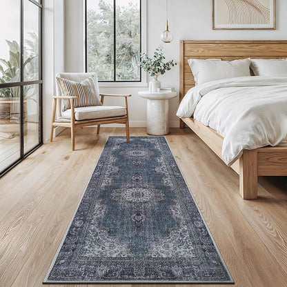 Bloom Rugs Washable Non-Slip 12 ft Runner - Dark Teal Traditional Medallion Runner for Entryway, Hallway, Bathroom, and Kitchen - Exact Size: 2.5' x 12'