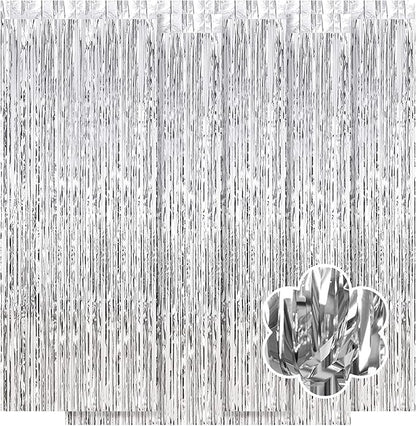 5 Pack Silver Foil Curtain Backdrop 3.2ft x 9.8ft Metallic Tinsel Foil Fringe Curtains Streamer Photo Booth Backdrop for Birthday Party Engagement Bachelorette Party Decorations (Silver)
