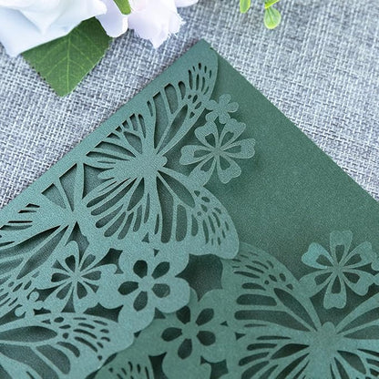 20 PCS 5.12x7.2 Butterfly Personalized Quinceanera Invitation, Customized XV Anos Laser Cut Invitation Cards with Envelopes (Emerald Green Personalized)