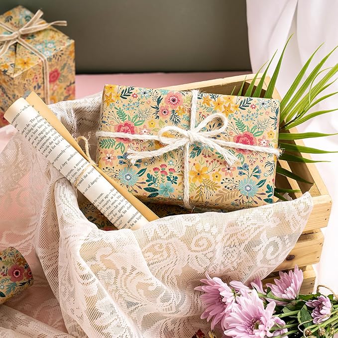 WRAPAHOLIC 30 Inch Jumbo Kraft Floral Wrapping Paper Roll - 30 Inch x 33 Feet - Spring Summer Garden Flower Design Perfect for Wedding, Bridal Shower, Birthday