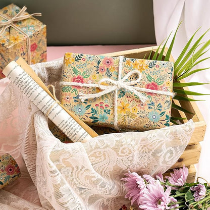 WRAPAHOLIC 30 Inch Jumbo Kraft Floral Wrapping Paper Roll - 30 Inch x 33 Feet - Spring Summer Garden Flower Design Perfect for Wedding, Bridal Shower, Birthday