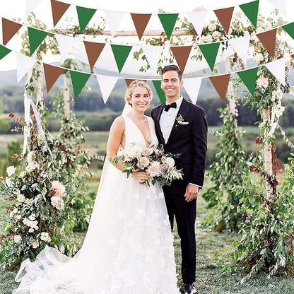 32Ft Green Brown White Party Decorations Brown Green Pennant Banner Fabric Triangle Flag Bunting Garland Streamers for Football Camping Birthday Baby Shower Jungle Safari Rugby Sport Party Decor