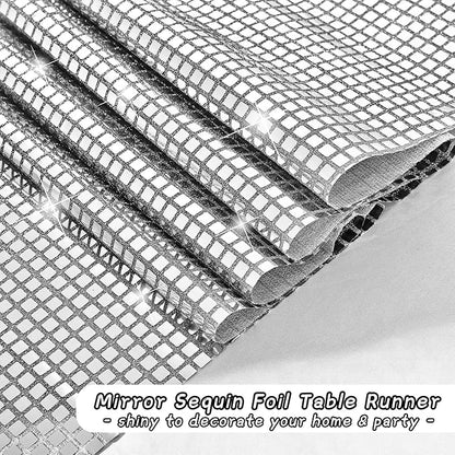 durony 2 Pack Disco Party Table Runner 11 x 108 Inch Mirror Silver Glitter Foil with Sparkle Sequin Table Runner for 70s Bachelorette Parties Disco Cowgirl Party Decorations