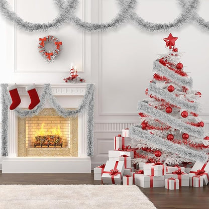 32.8 Ft Silver Christmas Tinsel Garland Metallic Shiny Tassle Banner Wall Hanging Tinsel Streamers Backdrop for Christmas Holiday Birthday Supplies Indoor Outdoor Ornaments Home Decor