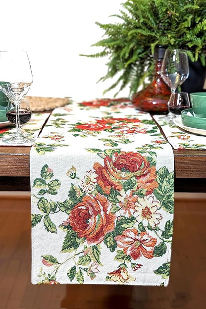 Tache Sweet Roses Spring Summer Flower Traditional French Country Vintage White Red Floral Decorative Woven Tapestry Long Kitchen Dining Table Runners, 13 x 90