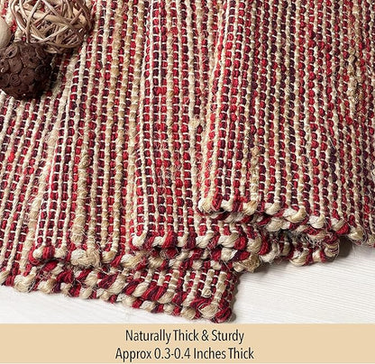 Chardin home Natural Jute Table Runner 13x36 Inch – Vintage Boho Rustic Table Decor – Handwoven Table Runner in Natural Jute and Red – Farmhouse Dining or Console Table Accent