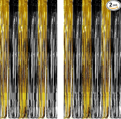 Black and Gold Party Streamers Decoration - GREATRIL Foil Fringe Backdrop for 2026 NYE/Anniversary/Farewell/Cocktail/Prom/EID/Birthdays - 3.2ft X 8.2ft - 2 Packs